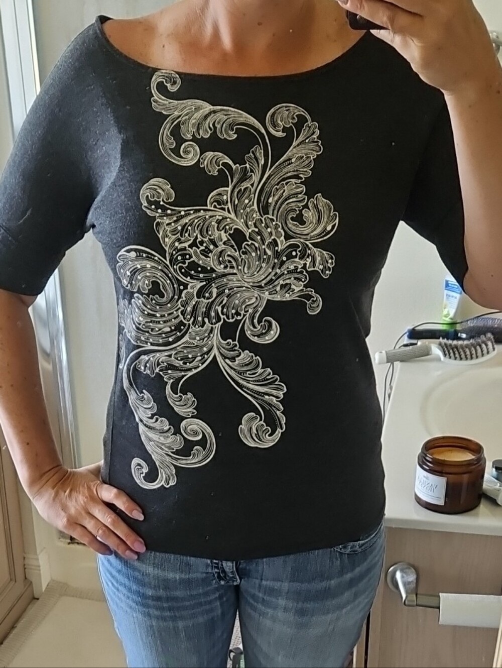 Body Central Black Top with Silver-White Floral Embellishment